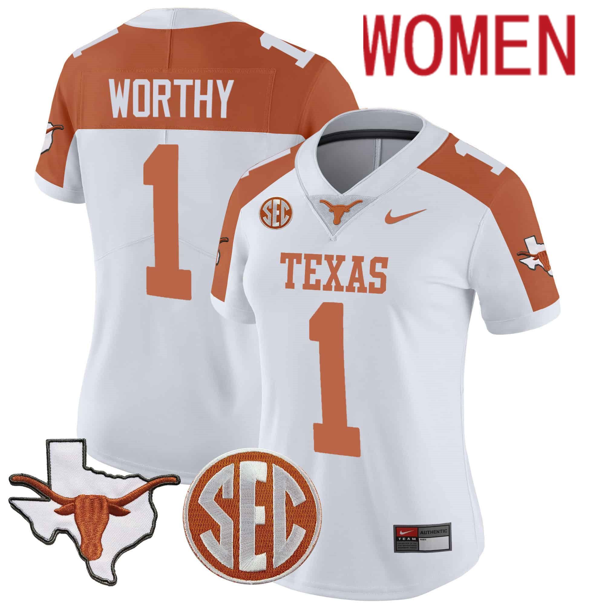 Women Texas Longhorns #1 Worthy White 2024 Nike State Map & SEC Patch Vapor NCAA Jersey style 1